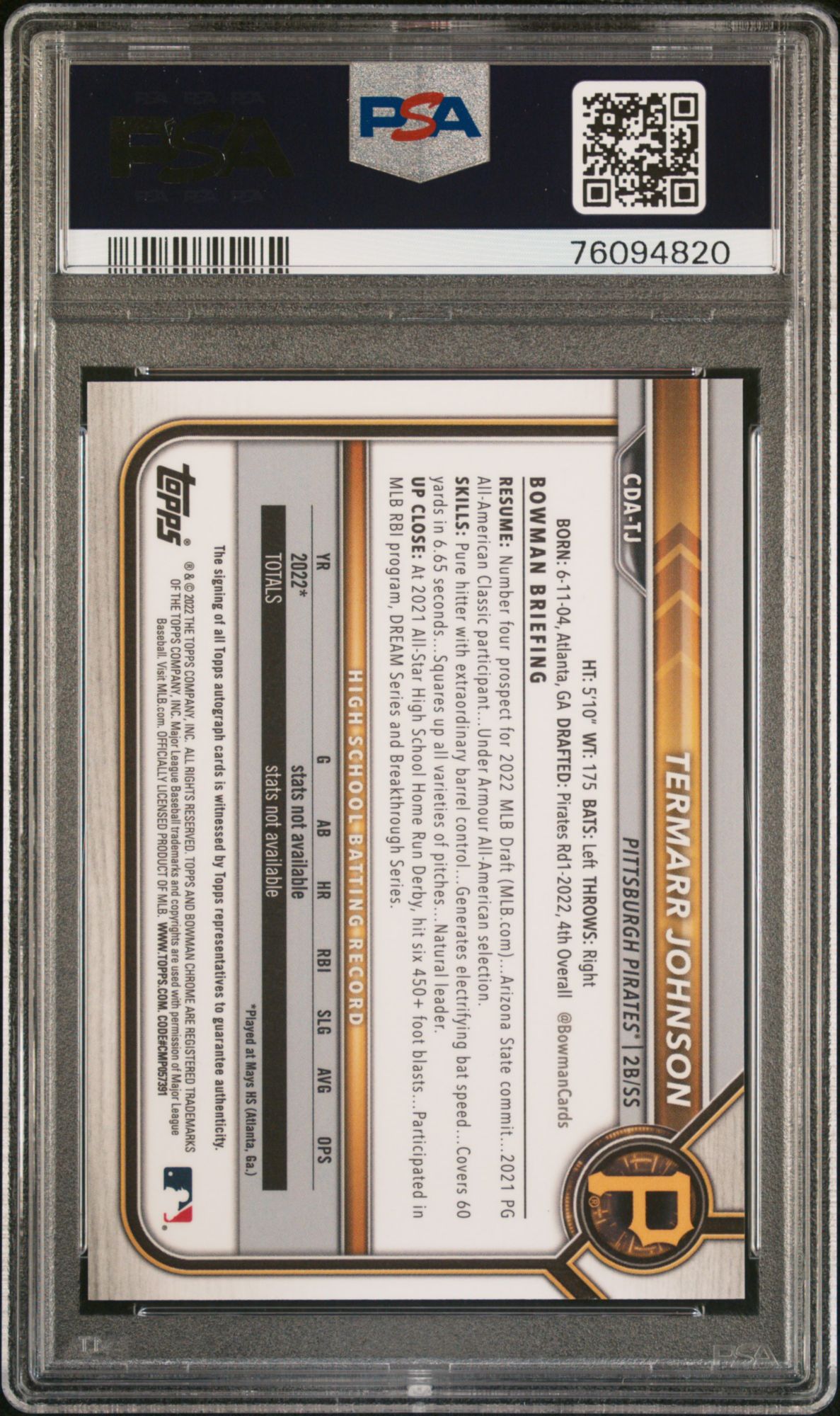2022 Bowman Draft Chrome Draft Pick Autographs CDATJ Termarr Johnson PSA 9 product image
