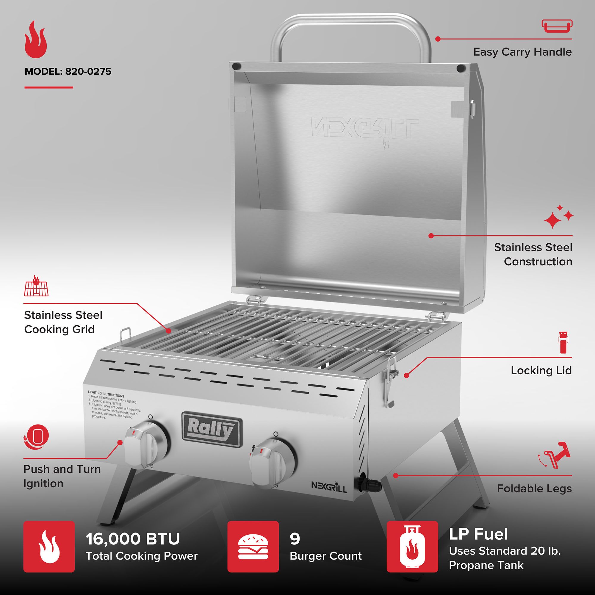 Nexgrill Rally 2-Burner Portable Gas Grill - Stainless Steel product image