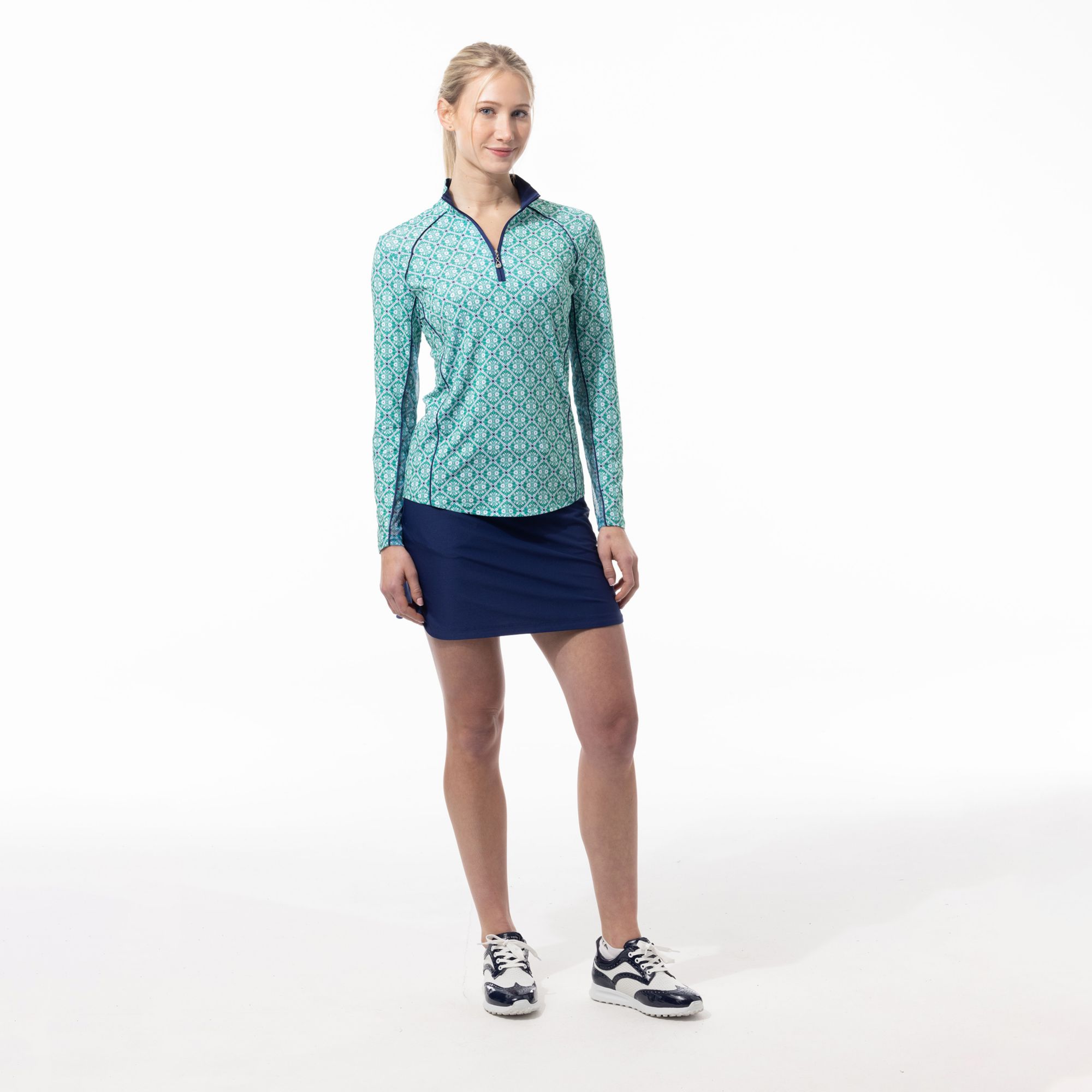 SanSoleil Women's Sunglow Print Piping Long Sleeve Mock Neck Shirt product image