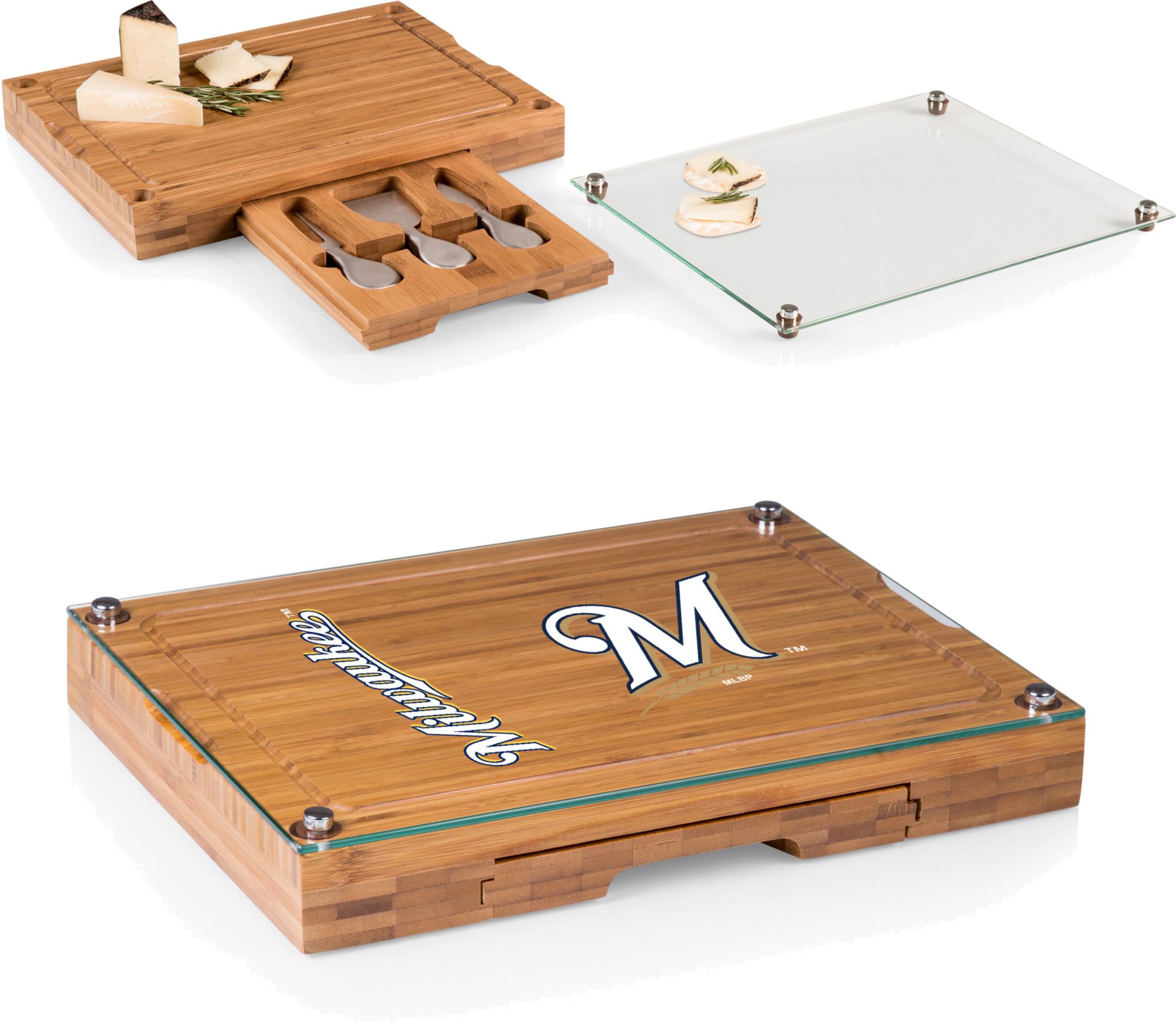 Picnic Time Milwaukee Brewers Concerto Glass Top Cheese Board and Knife Set product image