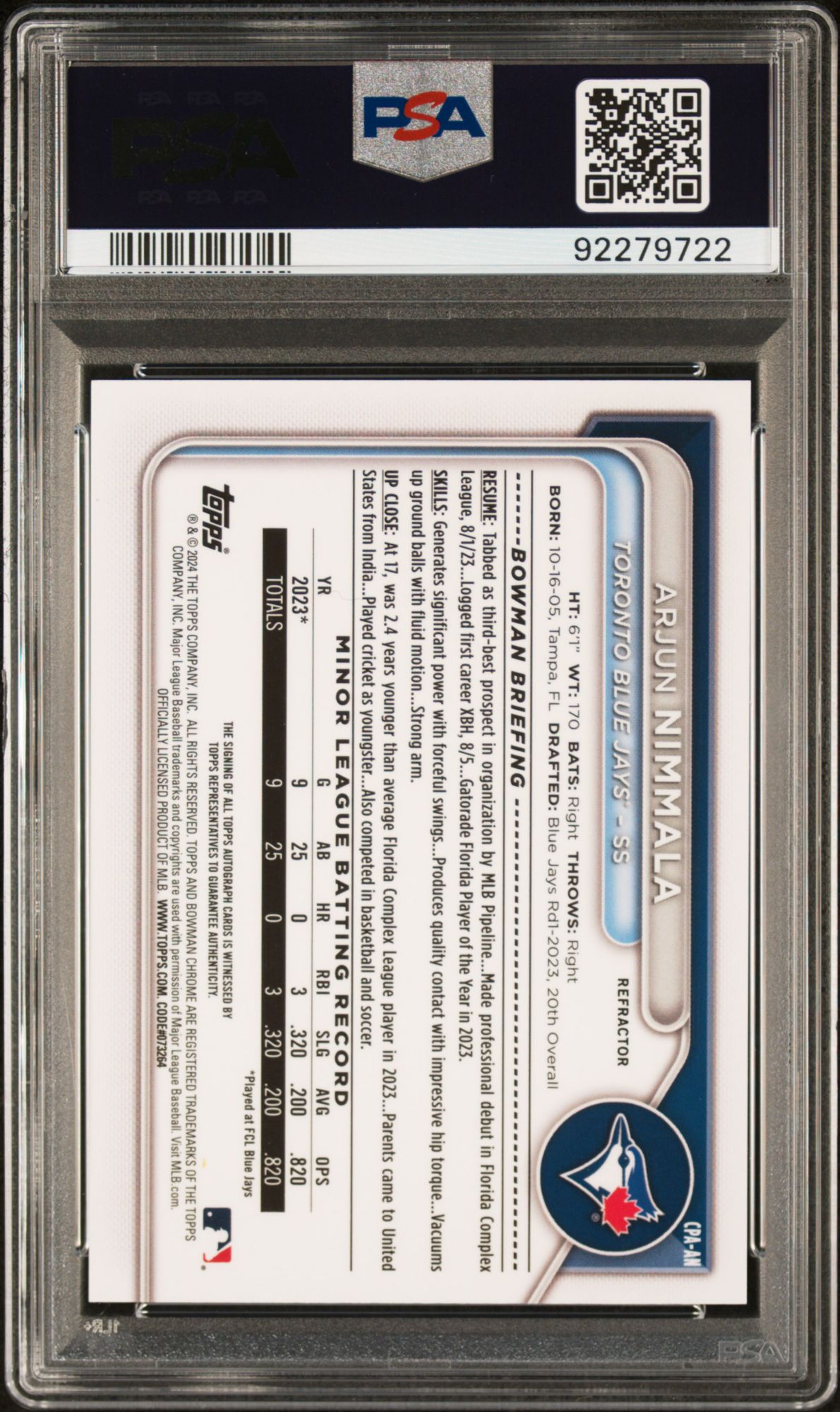 2024 Bowman Chrome Prospect Autographs CPAAN Arjun Nimmala Refractor PSA 10 product image