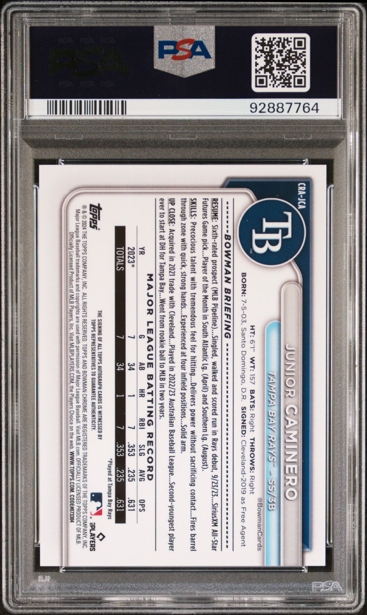 2024 Bowman Chrome Rookie Autographs Crajca Junior Caminero Green Refractor PSA 10 product image