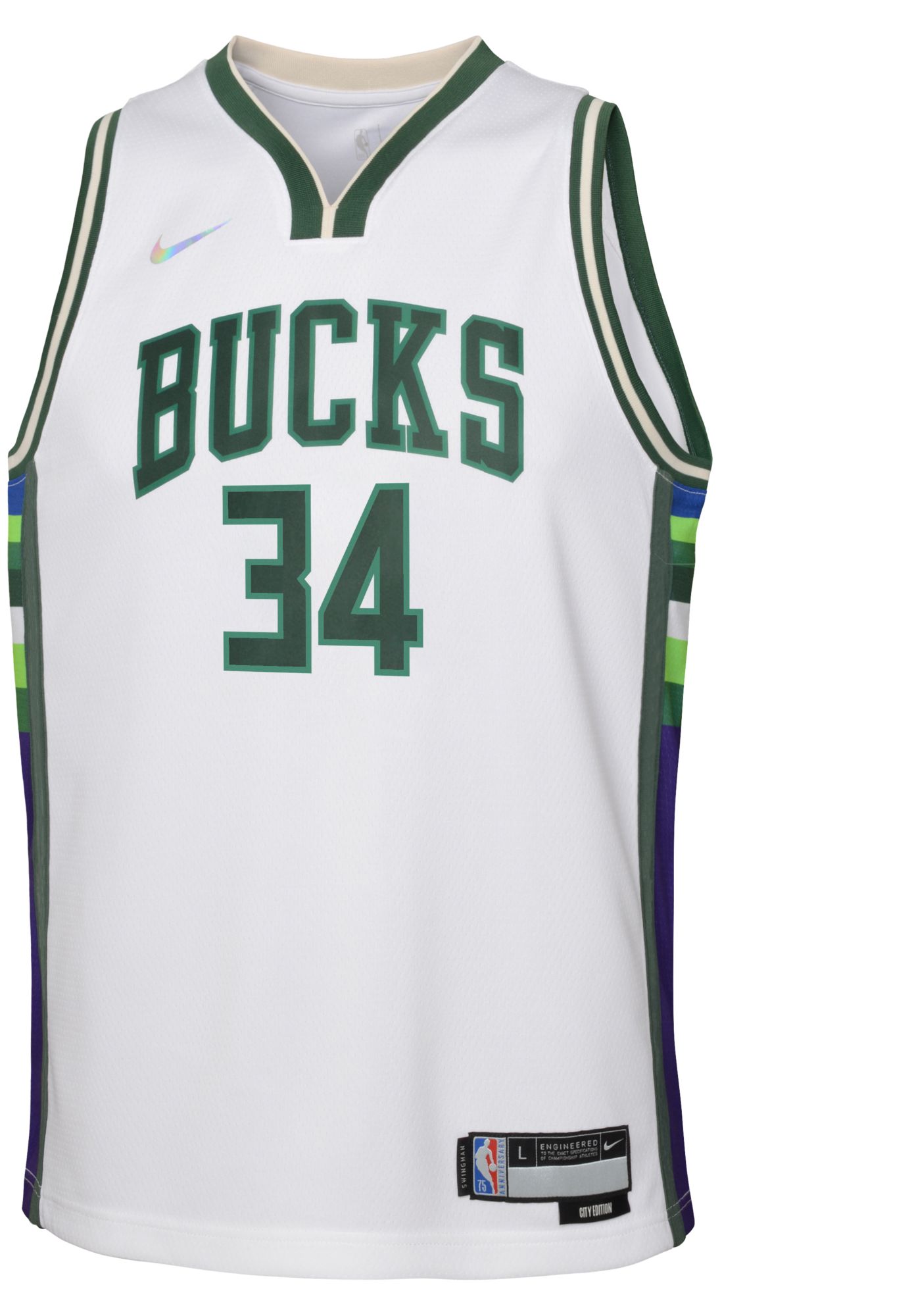 Nike Youth 2021-22 City Edition Milwaukee Bucks Giannis Antetokounmpo #34 White Swingman Jersey product image