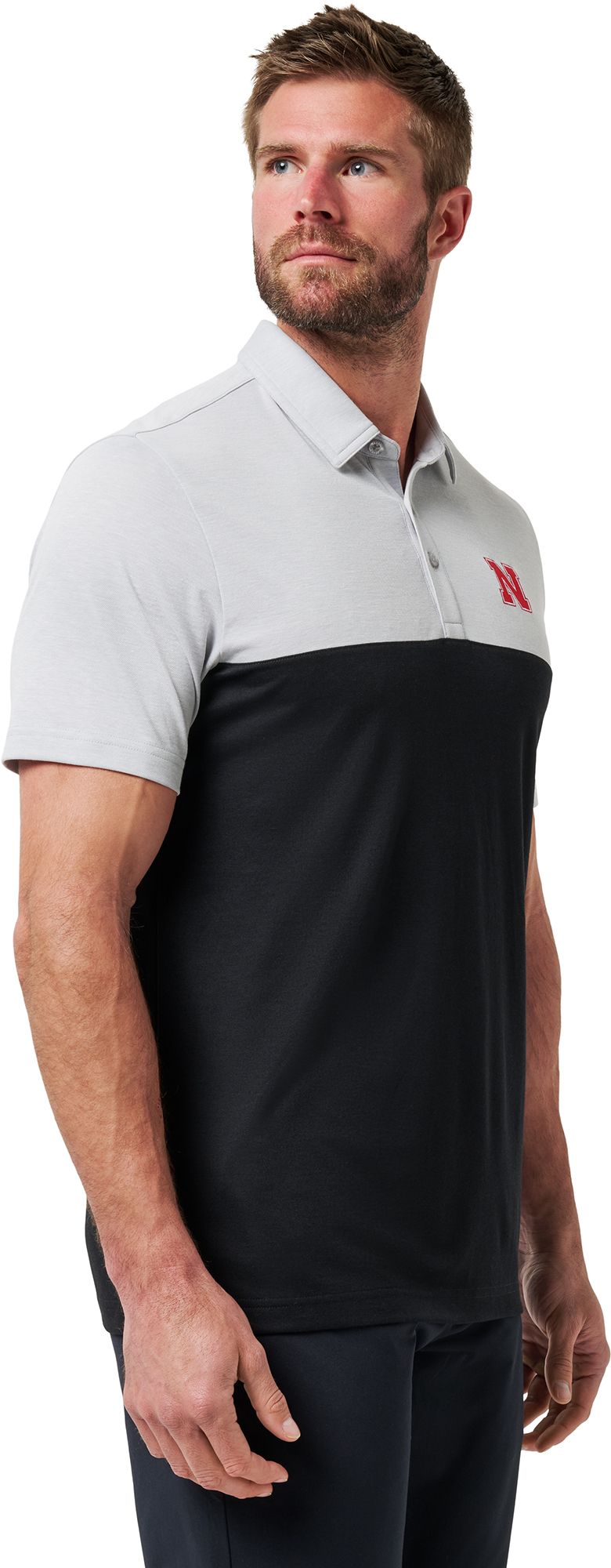 TravisMathew Men's Nebraska Cornhuskers Heather Grey Drop Back Polo product image