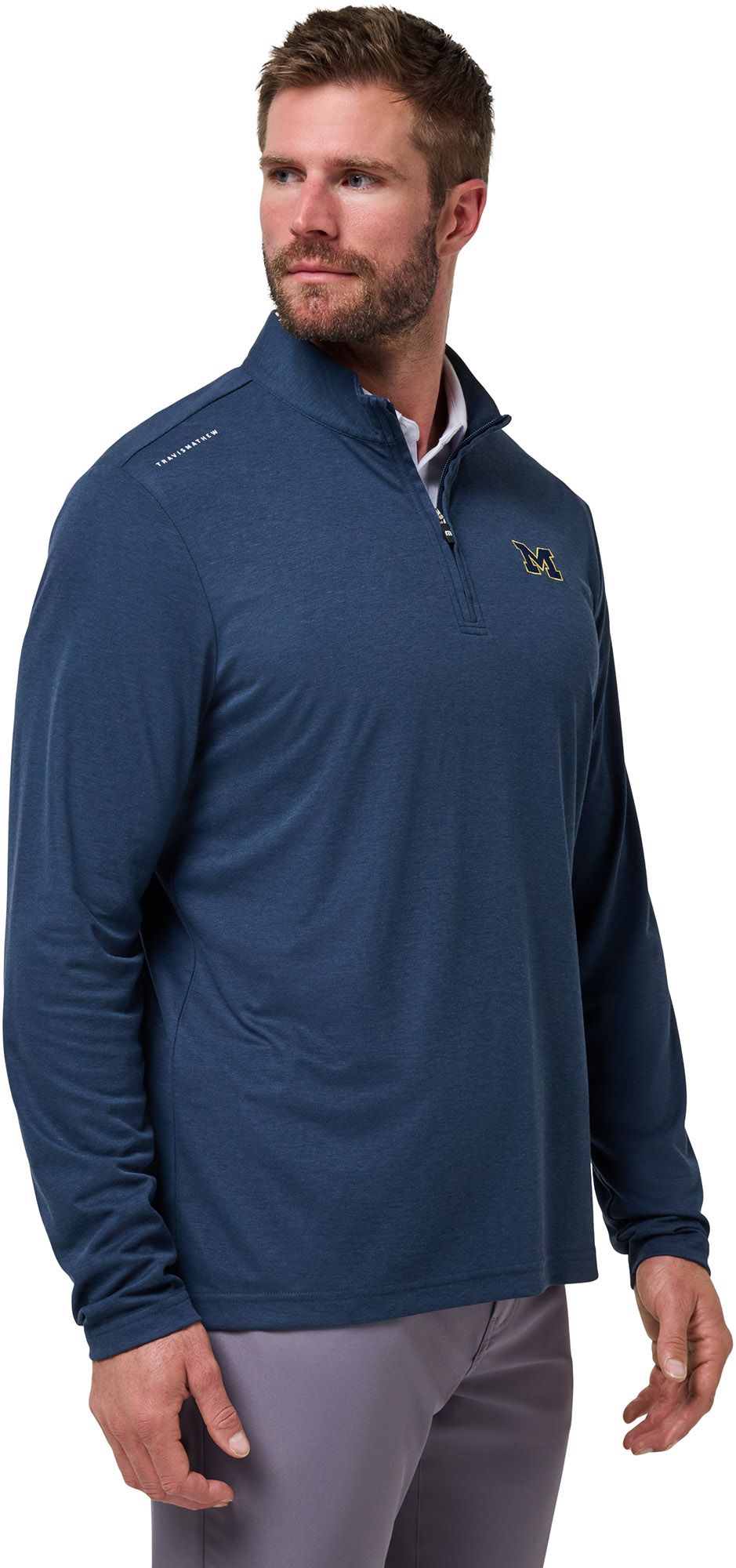 TravisMathew Men's Michigan Wolverines Navy 'Time to Tailgate' Quarter-Zip Pullover Jacket product image