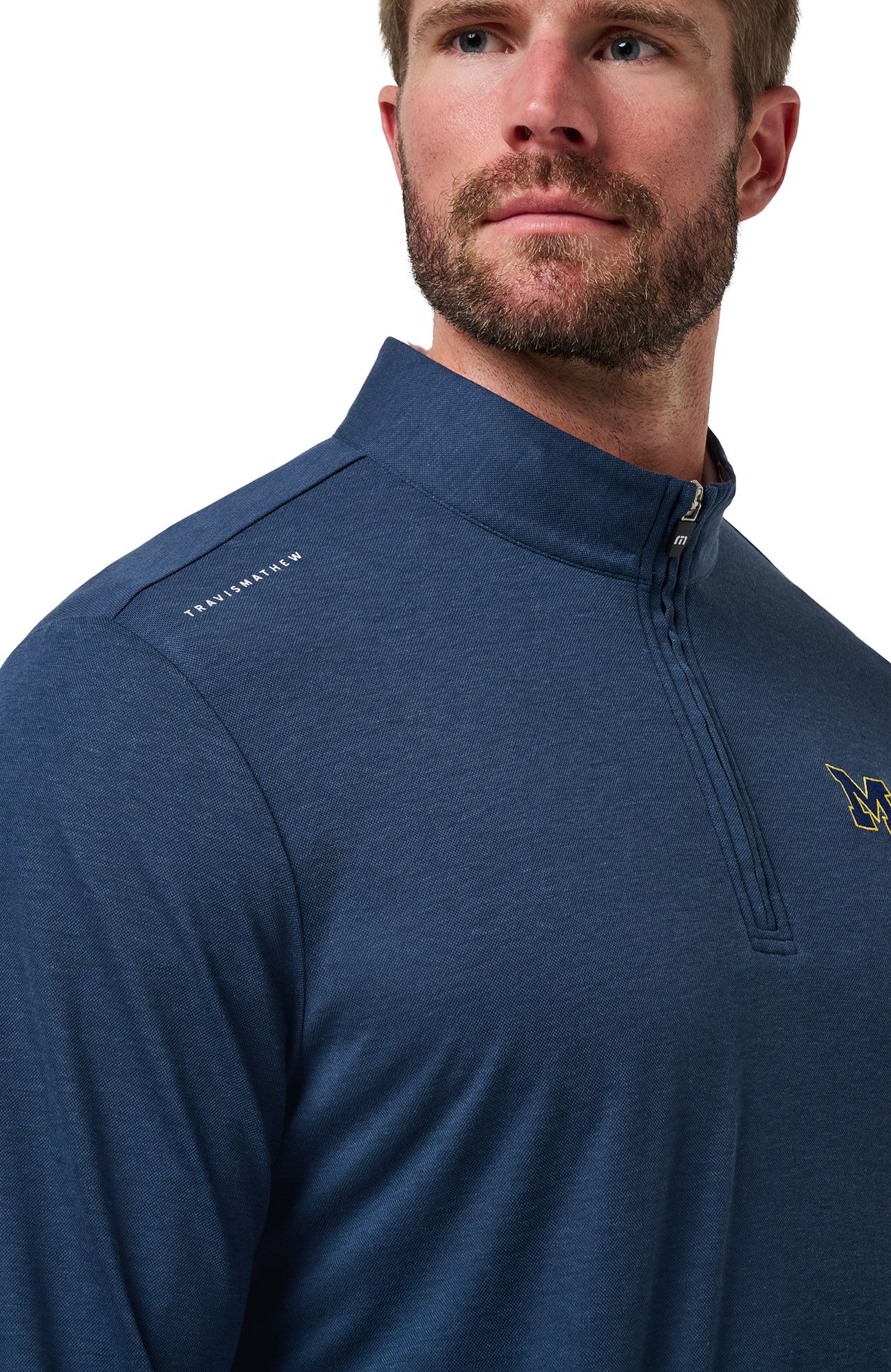 TravisMathew Men's Michigan Wolverines Navy 'Time to Tailgate' Quarter-Zip Pullover Jacket product image
