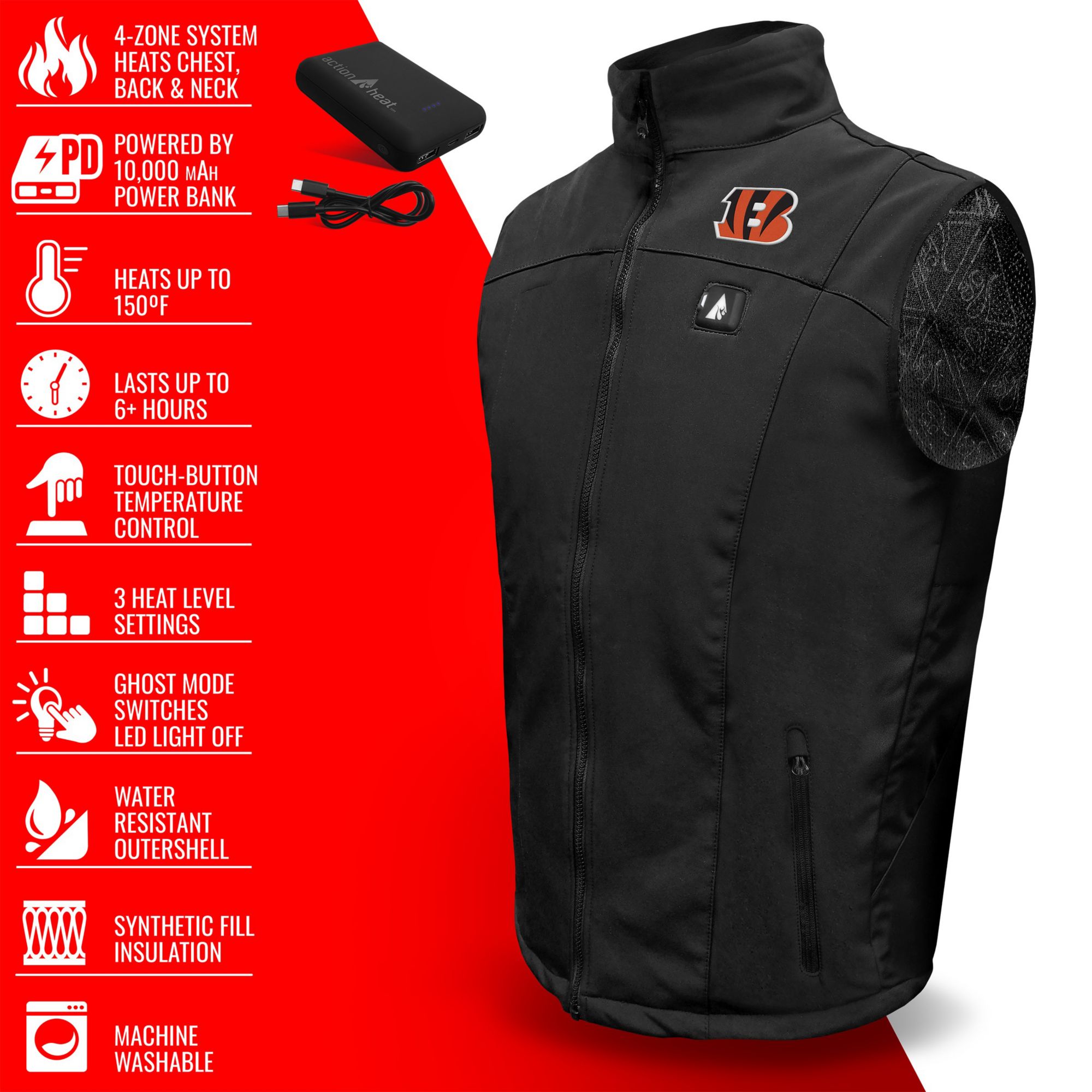 ActionHeat Men's Cincinnati Bengals Black 5V Battery Heated Softshell Vest product image