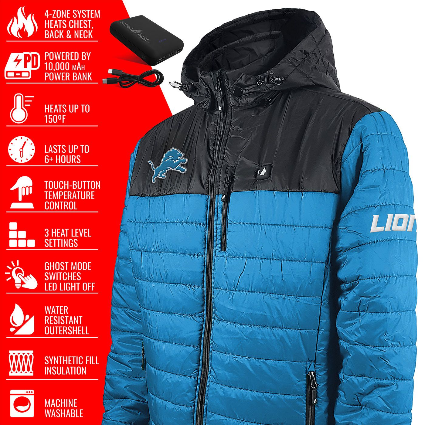 ActionHeat Men's Detroit Lions Blue Puffer Jacket product image