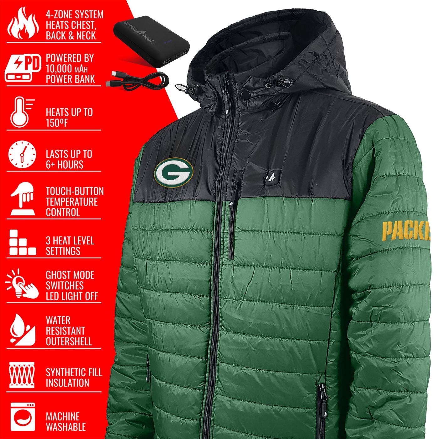 ActionHeat Men s Green Bay Packers Green 5V Battery Heated Puffer Jacket Dick s Sporting Goods
