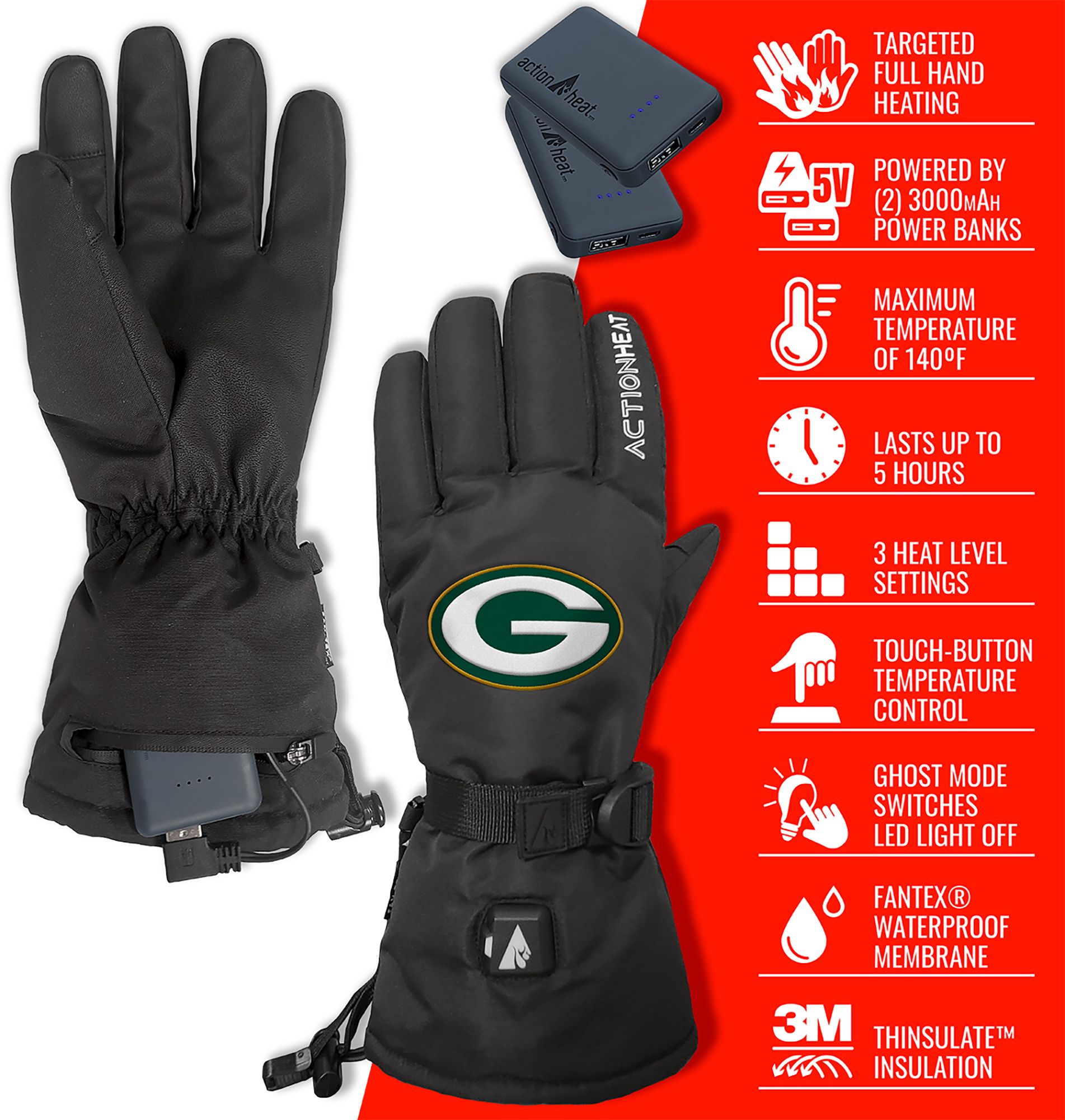 ActionHeat Adult Green Bay Packers 5V Premium Battery Heated Gloves product image