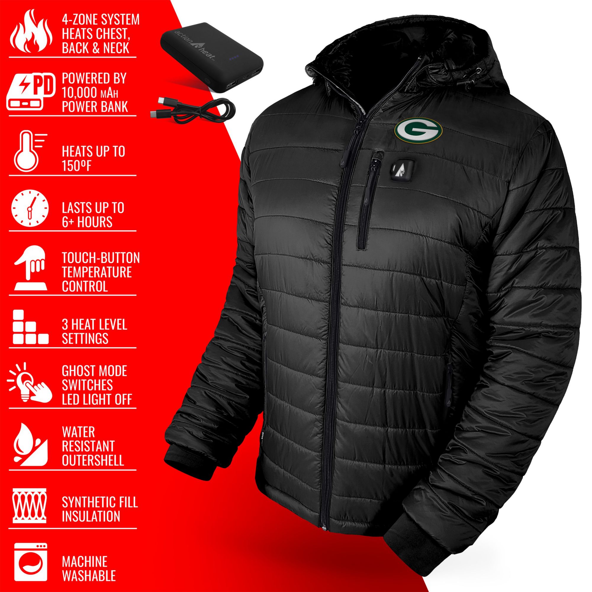 ActionHeat Men's Green Bay Packers Black 5V Battery Heated Puffer Jacket product image