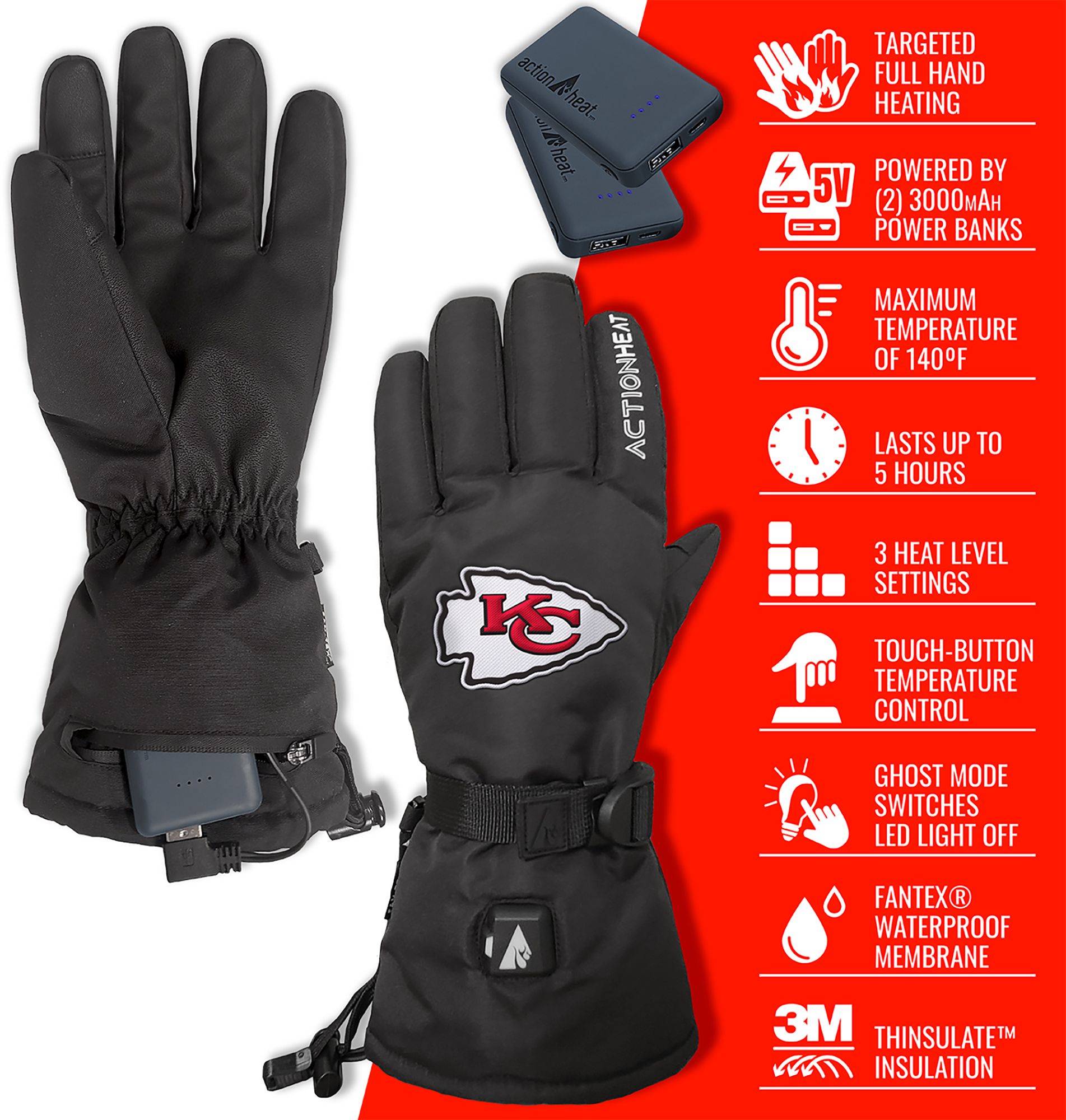 ActionHeat Adult Kansas City Chiefs 5V Premium Battery Heated Gloves product image