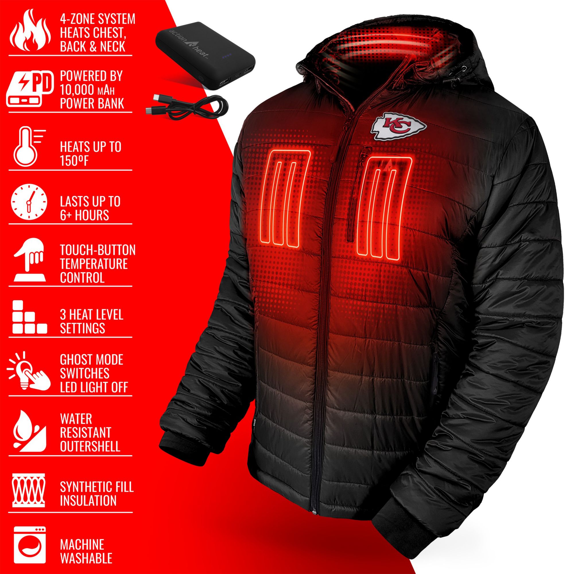 ActionHeat Men's Kansas City Chiefs Black 5V Battery Heated Puffer Jacket product image