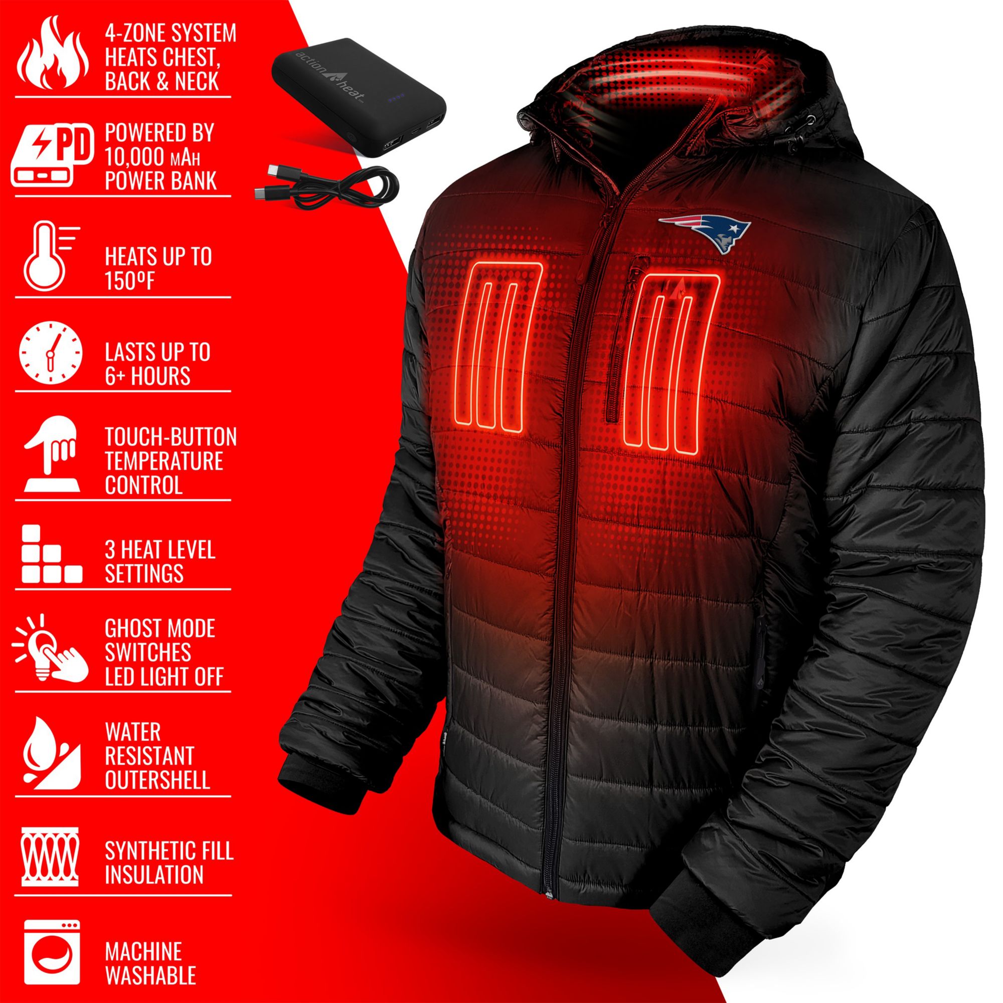ActionHeat Men's New England Patriots Black 5V Battery Heated Puffer Jacket product image