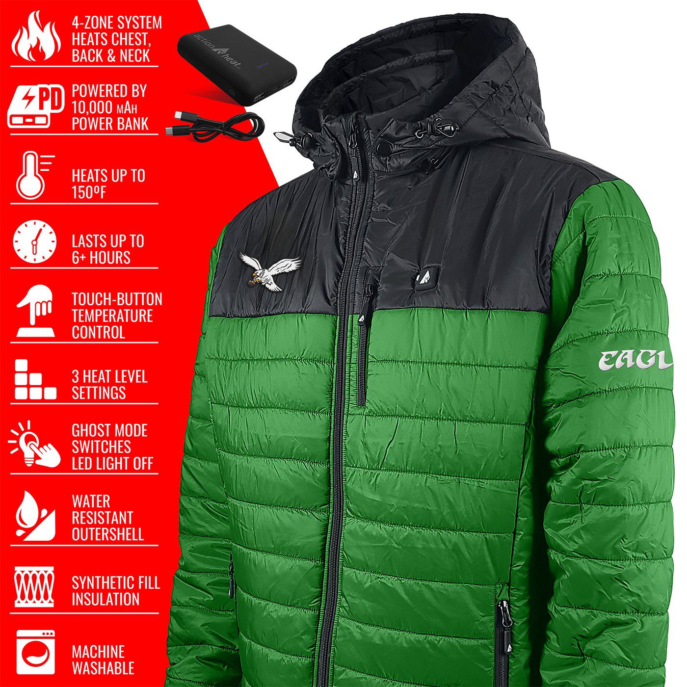 ActionHeat Men's Philadelphia Eagles Green 5V Battery Heated Puffer Jacket product image