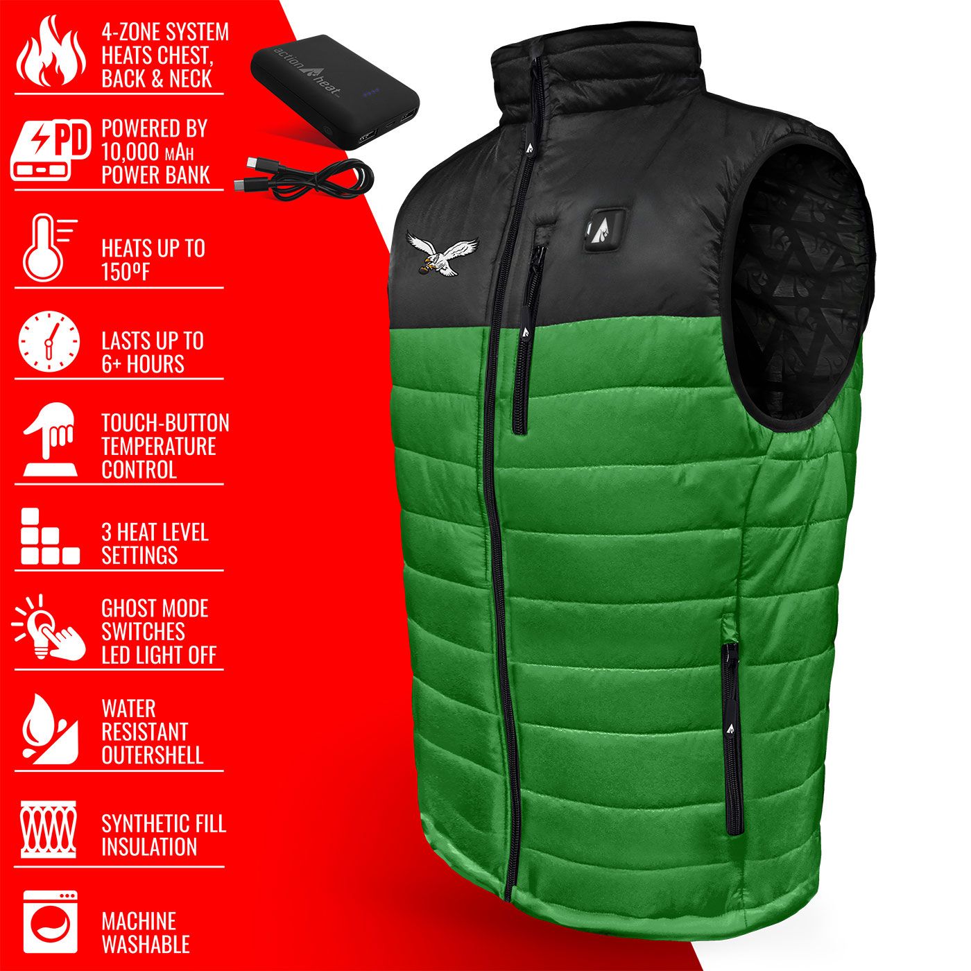 ActionHeat Men's Philadelphia Eagles Green 5V Battery Heated Softshell Vest product image