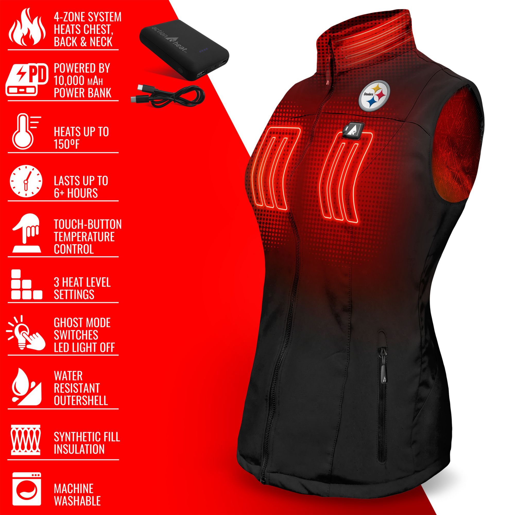 ActionHeat Women's Pittsburgh Steelers Black 5V Battery Heated Softshell Vest product image