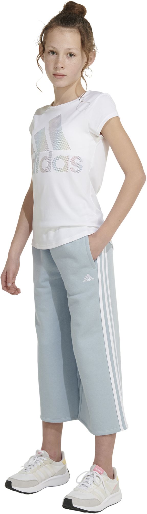 adidas Girls' 3-Stripe Wide Leg Fleece Pants product image
