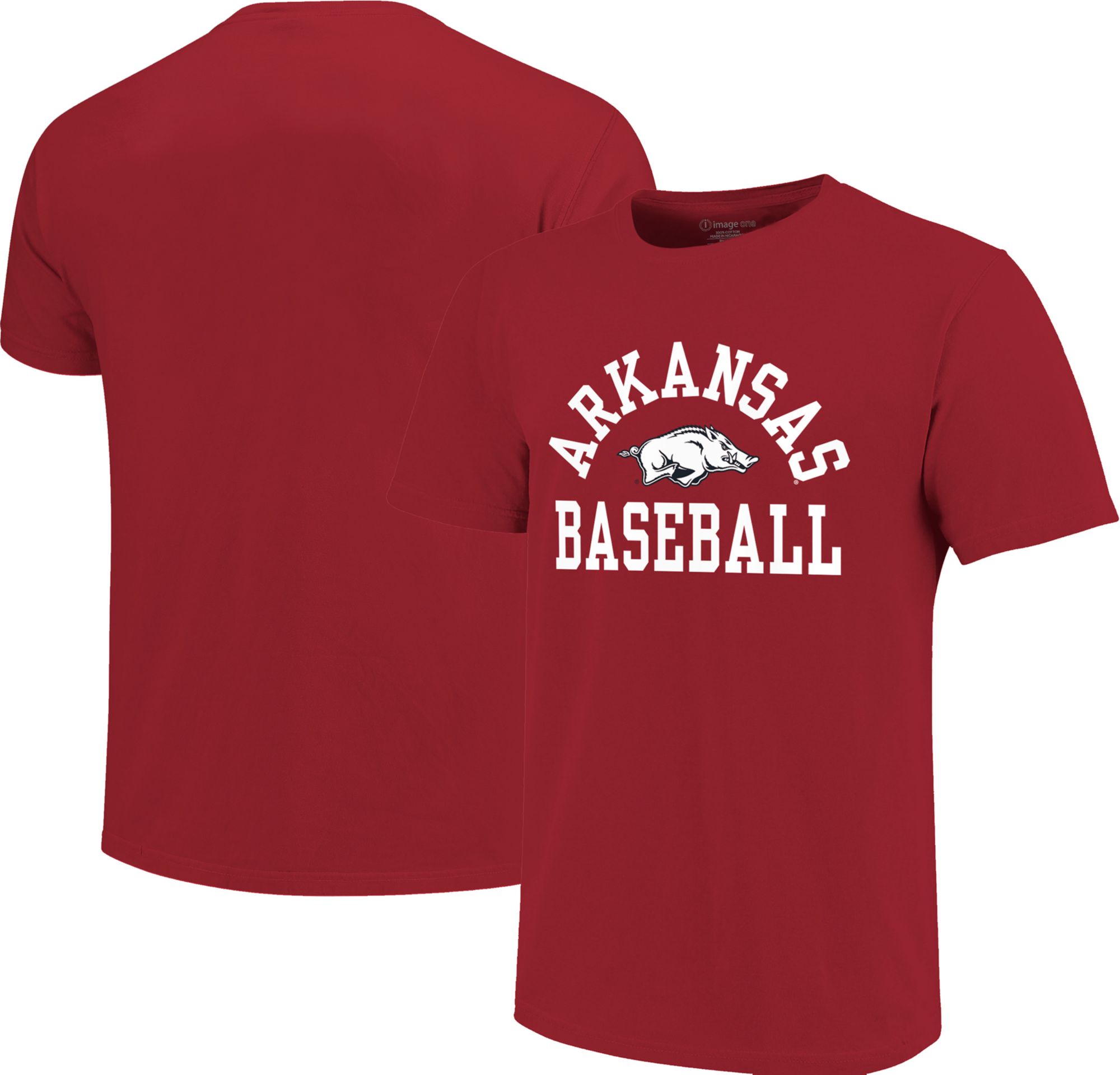 Image One Men's Arkansas Razorbacks Cardinal Simple Arch Baseball T-Shirt product image