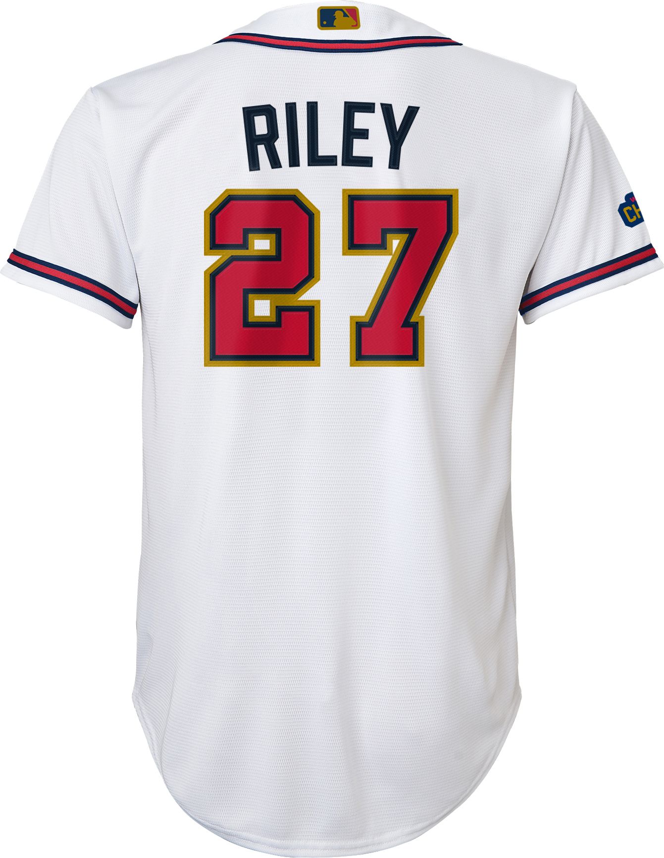 Nike Youth Atlanta Braves Austin Riley #27 2022 Gold Collection White Side Patch Cool Base Jersey product image