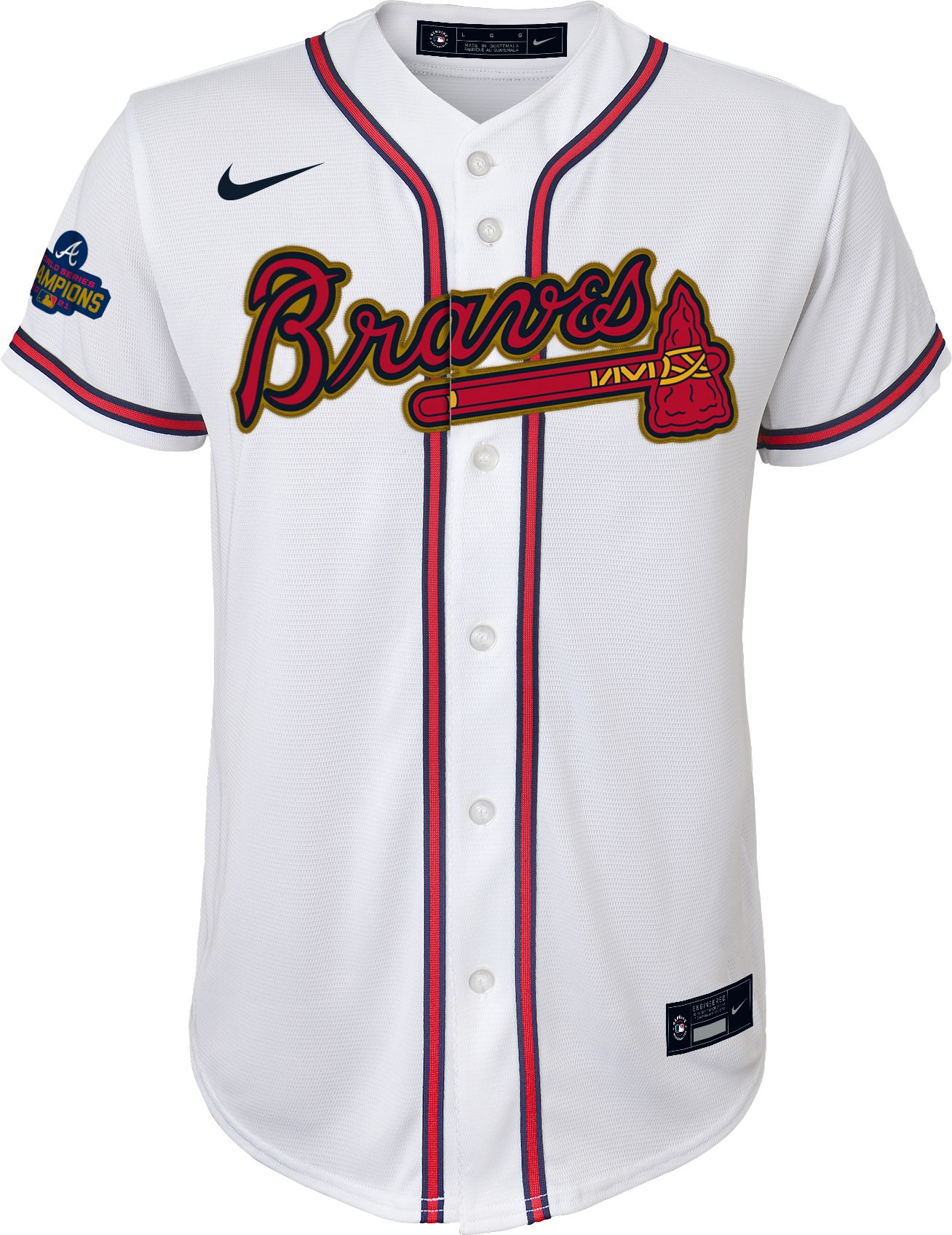 Nike Youth Atlanta Braves Austin Riley #27 2022 Gold Collection White Side Patch Cool Base Jersey product image