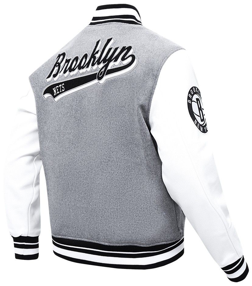 Pro Standard Men's Brooklyn Nets Grey Script Tail Rib Wool Varsity Jacket product image