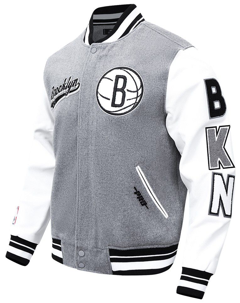 Pro Standard Men's Brooklyn Nets Grey Script Tail Rib Wool Varsity Jacket product image