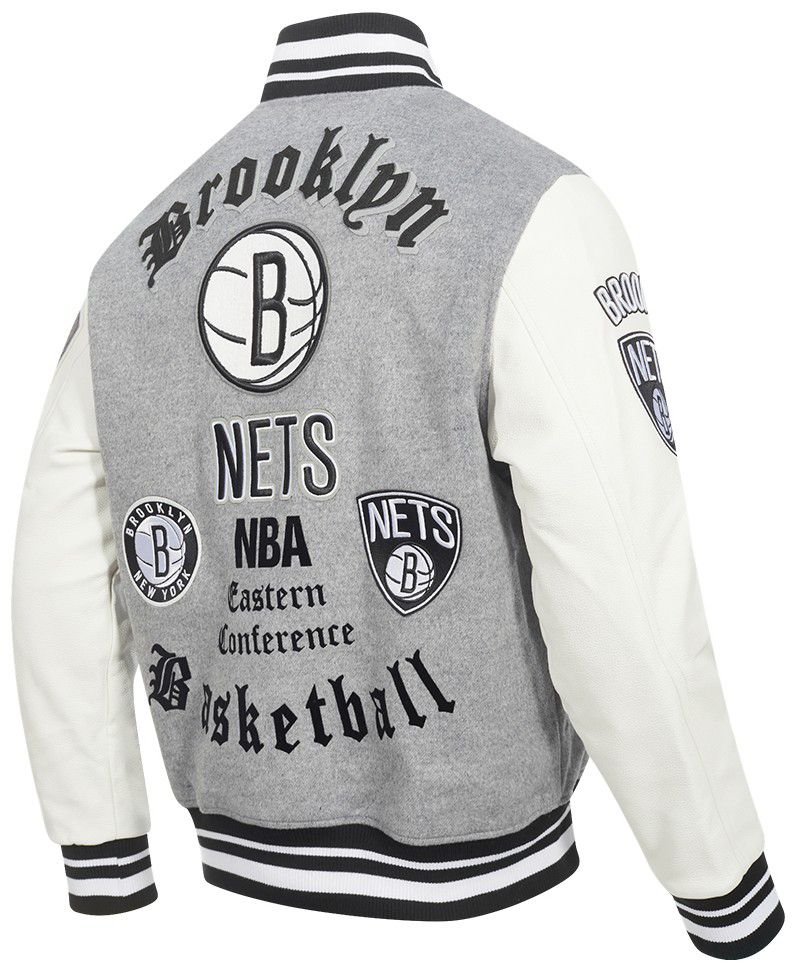 Pro Standard Men's Brooklyn Nets Grey Old English Rib Wool Varsity Jacket product image