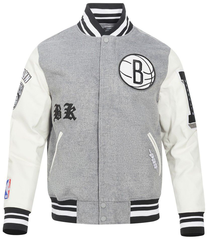 Pro Standard Men's Brooklyn Nets Grey Old English Rib Wool Varsity Jacket product image