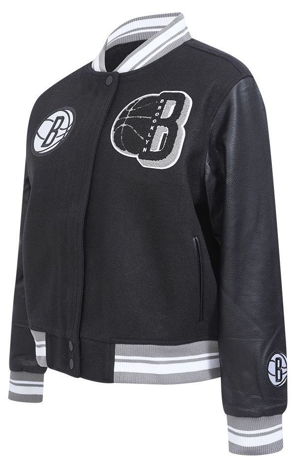 Pro Standard Women's Brooklyn Nets Black Mash Up Rib Wool Varsity Jacket product image