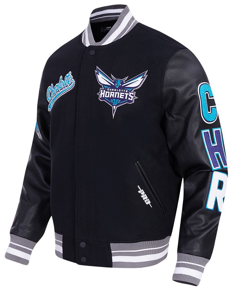 Pro Standard Men's Charlotte Hornets Black Script Tail Rib Wool Varsity Jacket product image