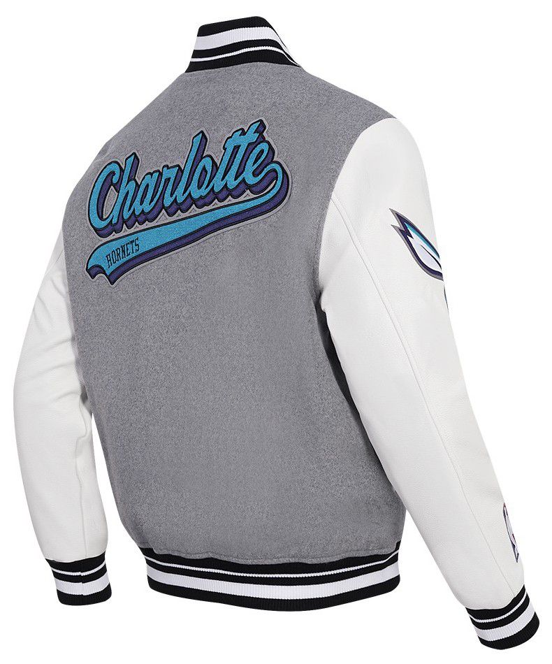Pro Standard Men's Charlotte Hornets Grey Script Tail Rib Wool Varsity Jacket product image