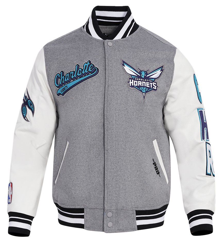 Pro Standard Men's Charlotte Hornets Grey Script Tail Rib Wool Varsity Jacket product image