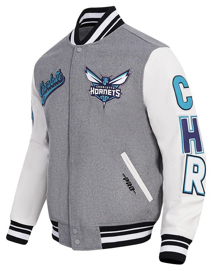Pro Standard Men's Charlotte Hornets Grey Script Tail Rib Wool Varsity Jacket product image