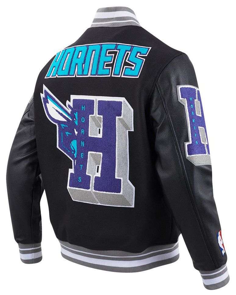 Pro Standard Men's Charlotte Hornets Black Mash Up Rib Wool Varsity Jacket product image