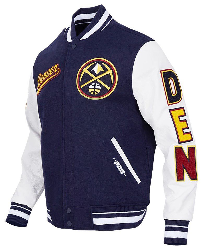 Pro Standard Men's Denver Nuggets Navy Script Tail Rib Wool Varsity Jacket product image