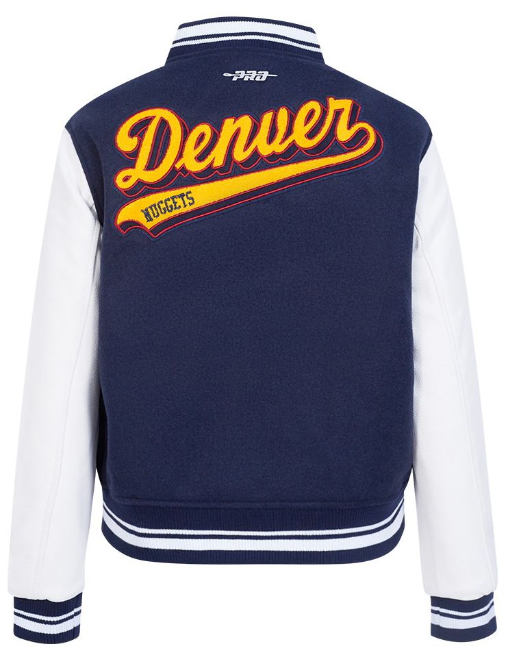 Pro Standard Women's Denver Nuggets Navy Script Tail Wool Varsity Jacket product image