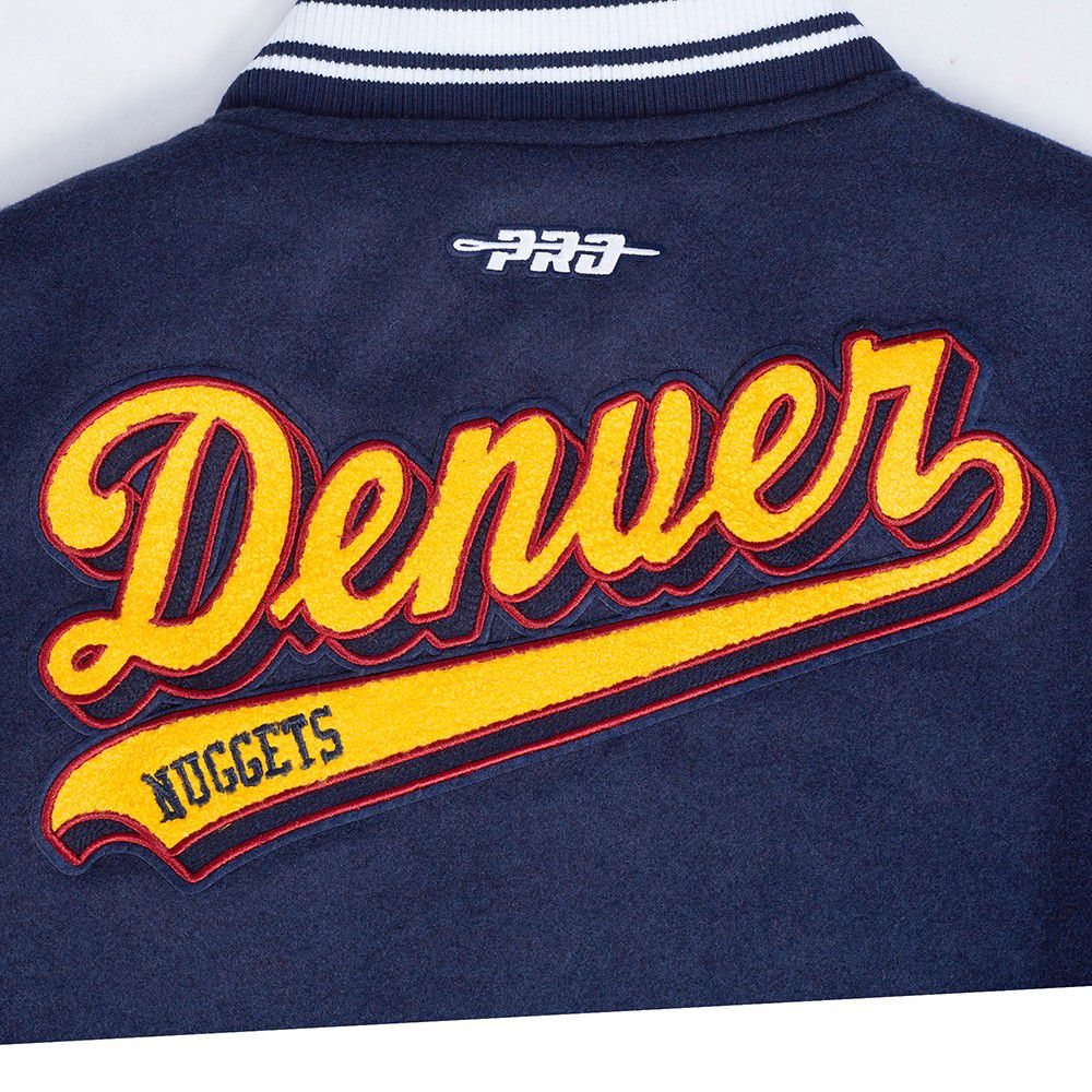 Pro Standard Women's Denver Nuggets Navy Script Tail Wool Varsity Jacket product image