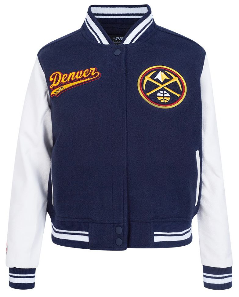 Pro Standard Women's Denver Nuggets Navy Script Tail Wool Varsity Jacket product image