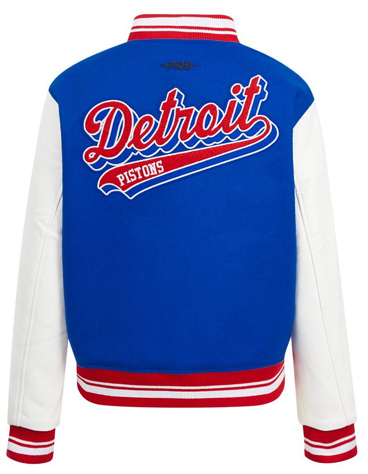 Pro Standard Women's Detroit Pistons Blue Script Tail Wool Varsity Jacket product image