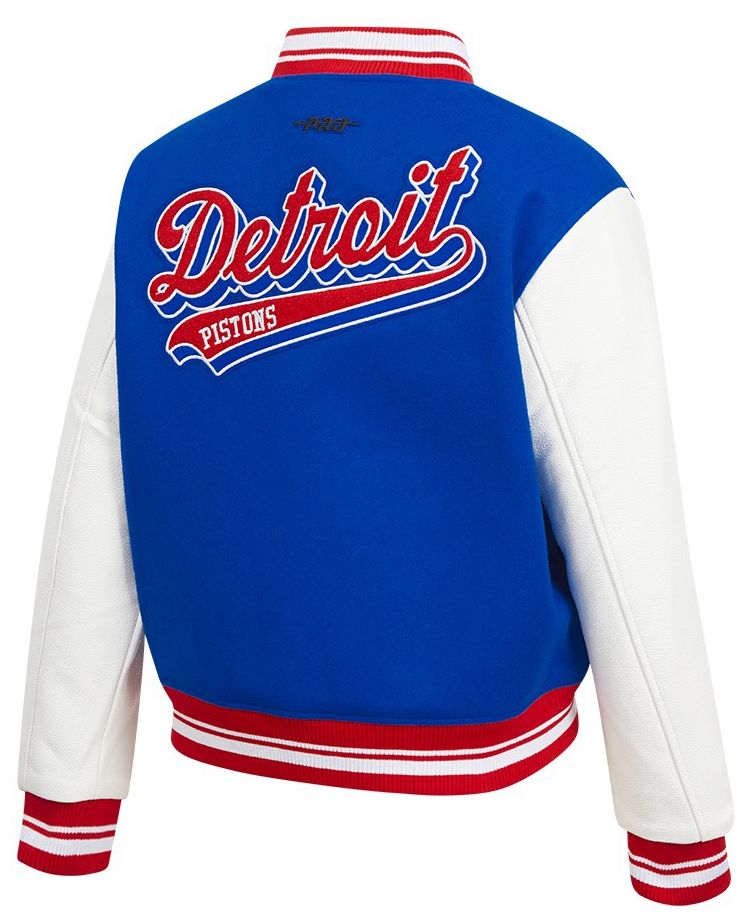 Pro Standard Women's Detroit Pistons Blue Script Tail Wool Varsity Jacket product image