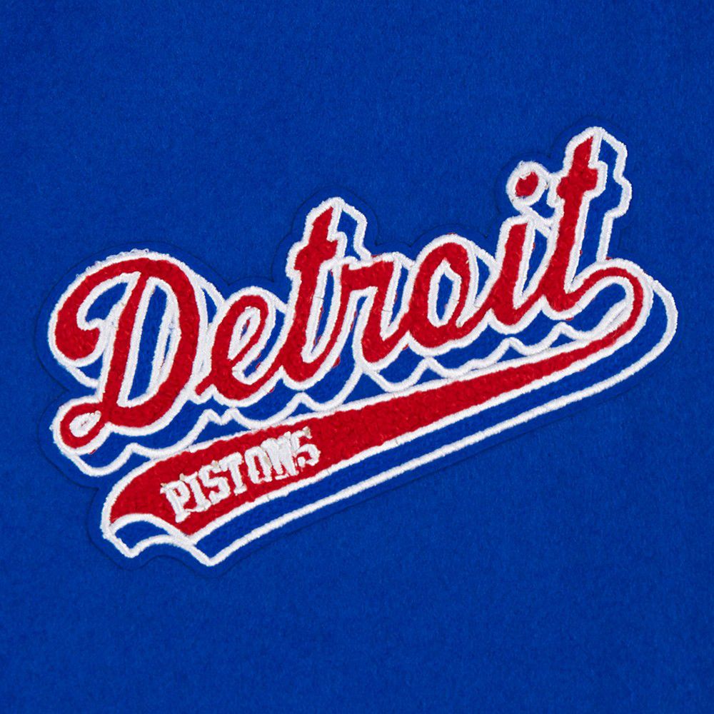 Pro Standard Women's Detroit Pistons Blue Script Tail Wool Varsity Jacket product image