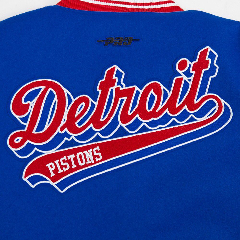 Pro Standard Women's Detroit Pistons Blue Script Tail Wool Varsity Jacket product image