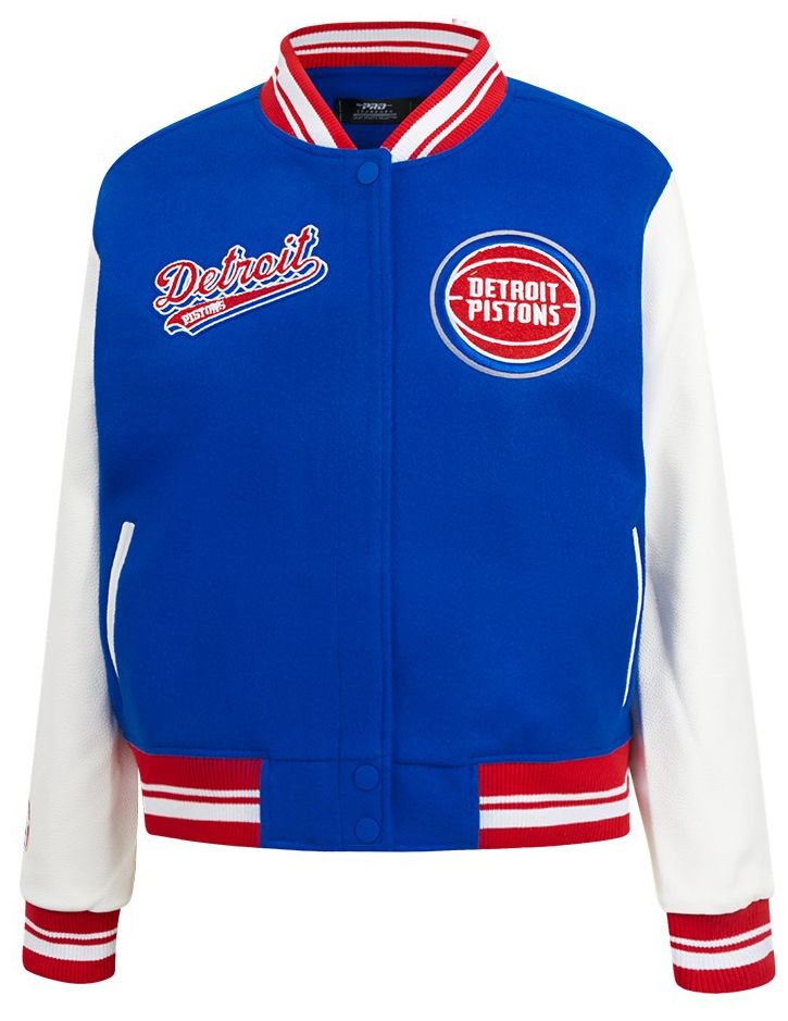 Pro Standard Women's Detroit Pistons Blue Script Tail Wool Varsity Jacket product image
