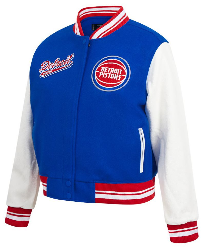 Pro Standard Women's Detroit Pistons Blue Script Tail Wool Varsity Jacket product image