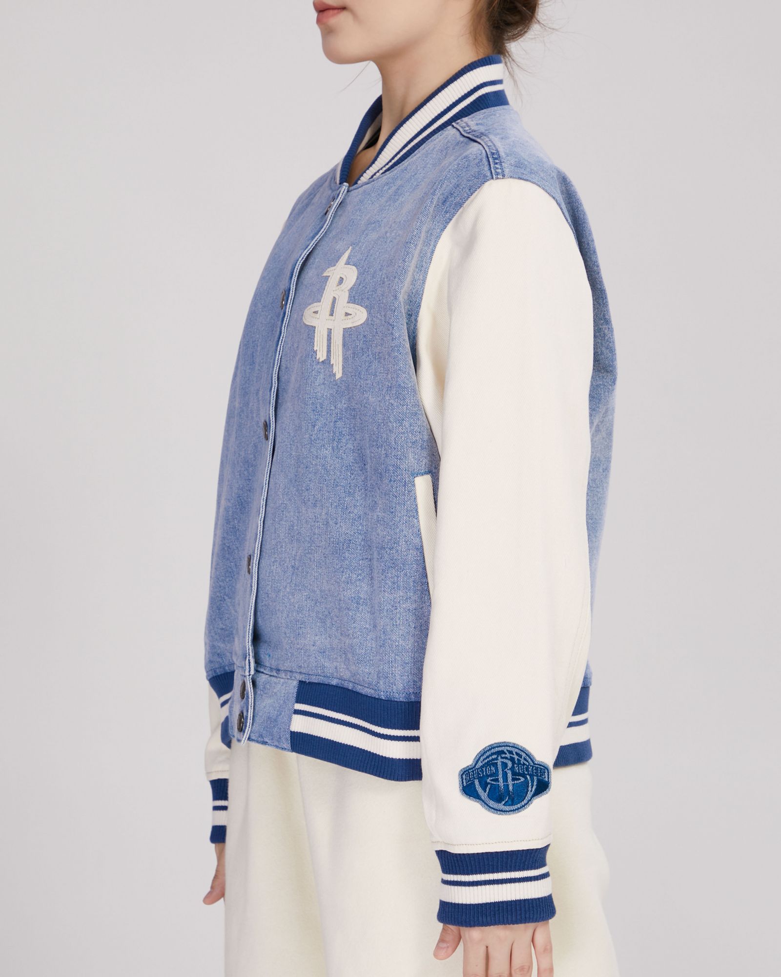 Pro Standard Women's Houston Rockets Denim Varsity Bomber Jacket product image