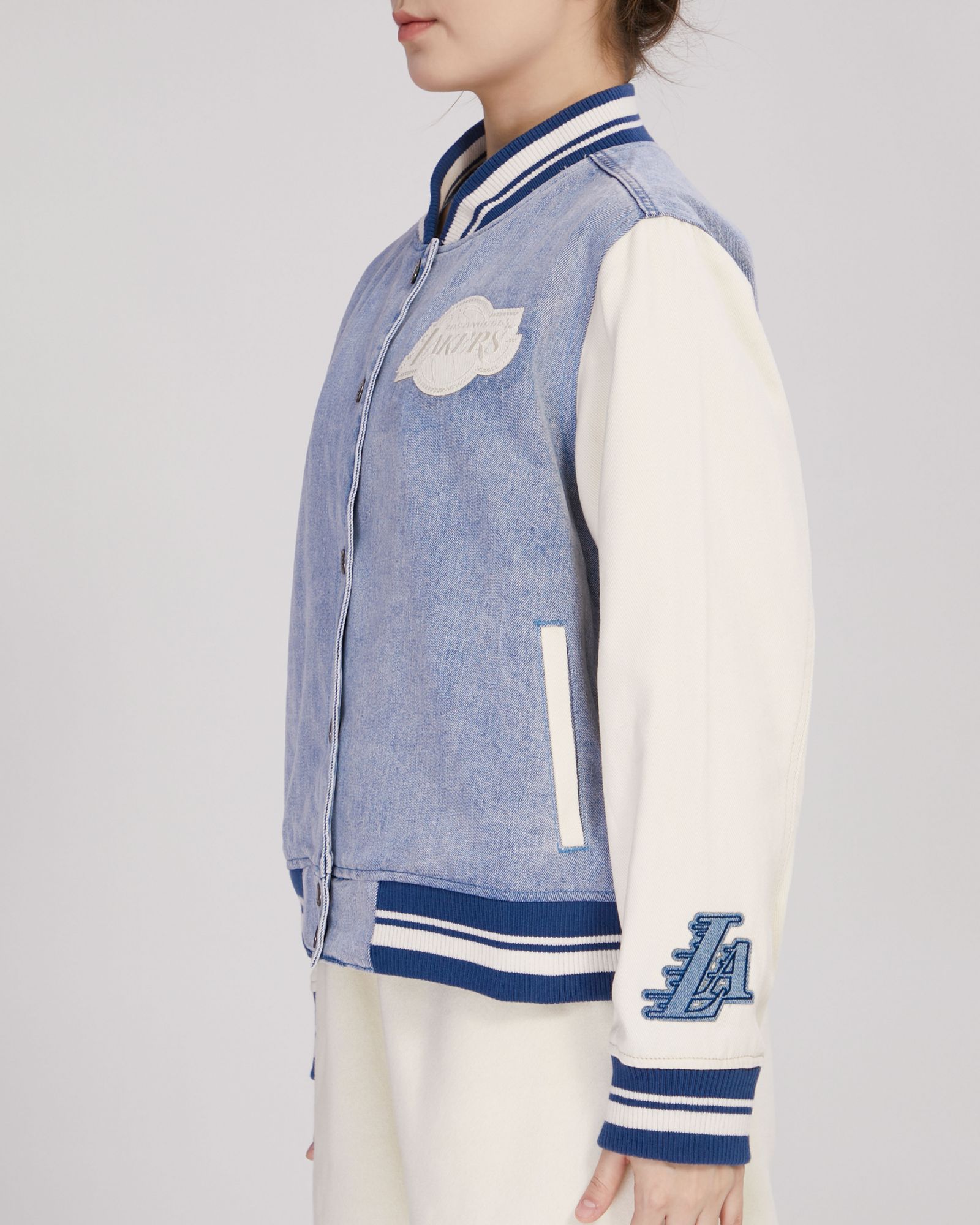 Pro Standard Women's Los Angeles Lakers Denim Varsity Bomber Jacket product image