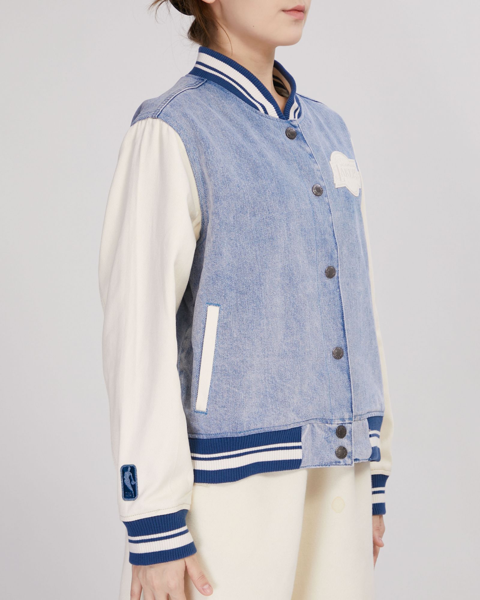 Pro Standard Women's Los Angeles Lakers Denim Varsity Bomber Jacket product image