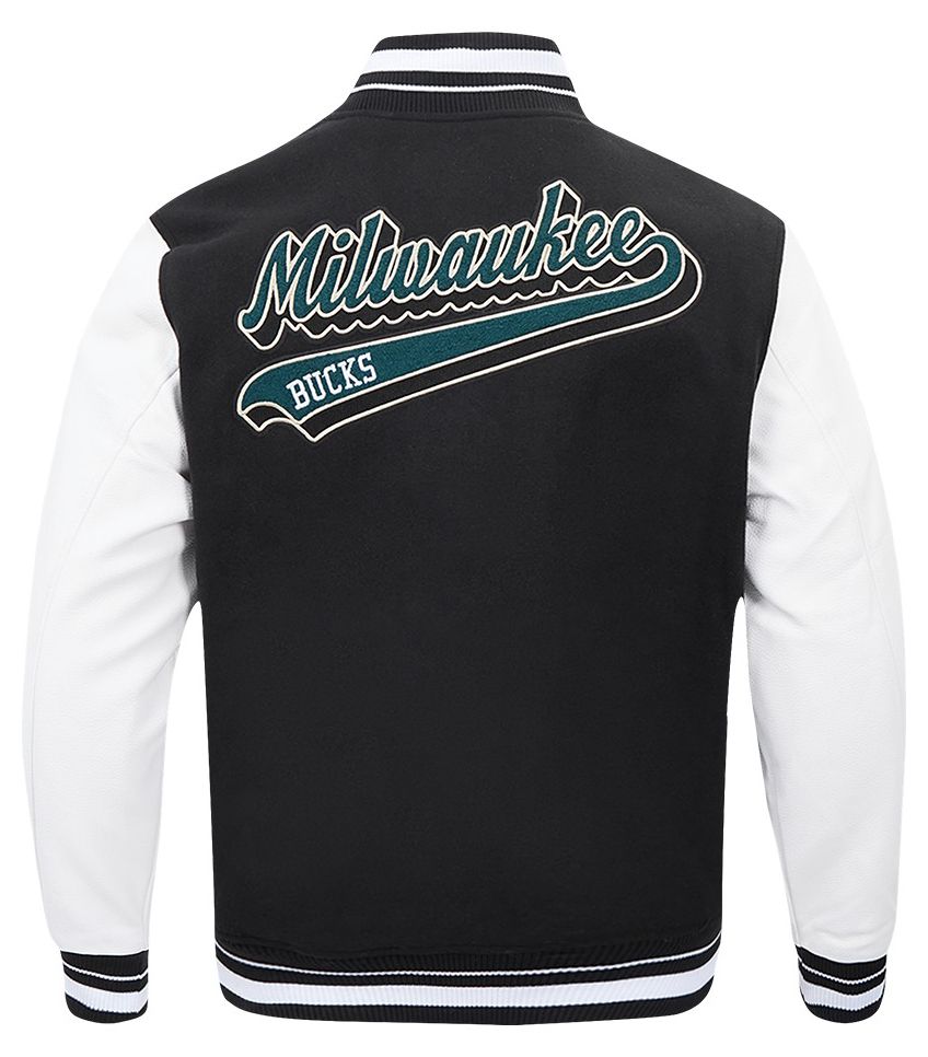 Pro Standard Men's Milwaukee Bucks Black Script Tail Rib Wool Varsity Jacket product image