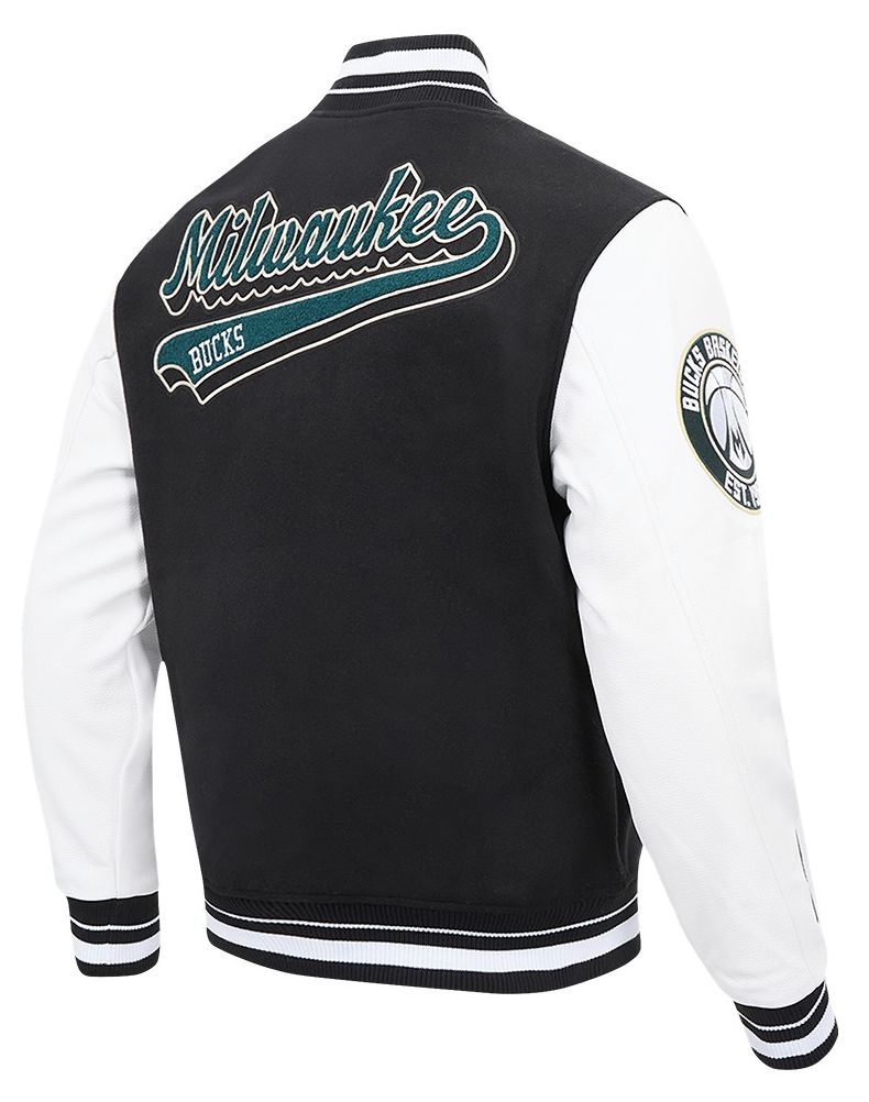 Pro Standard Men's Milwaukee Bucks Black Script Tail Rib Wool Varsity Jacket product image